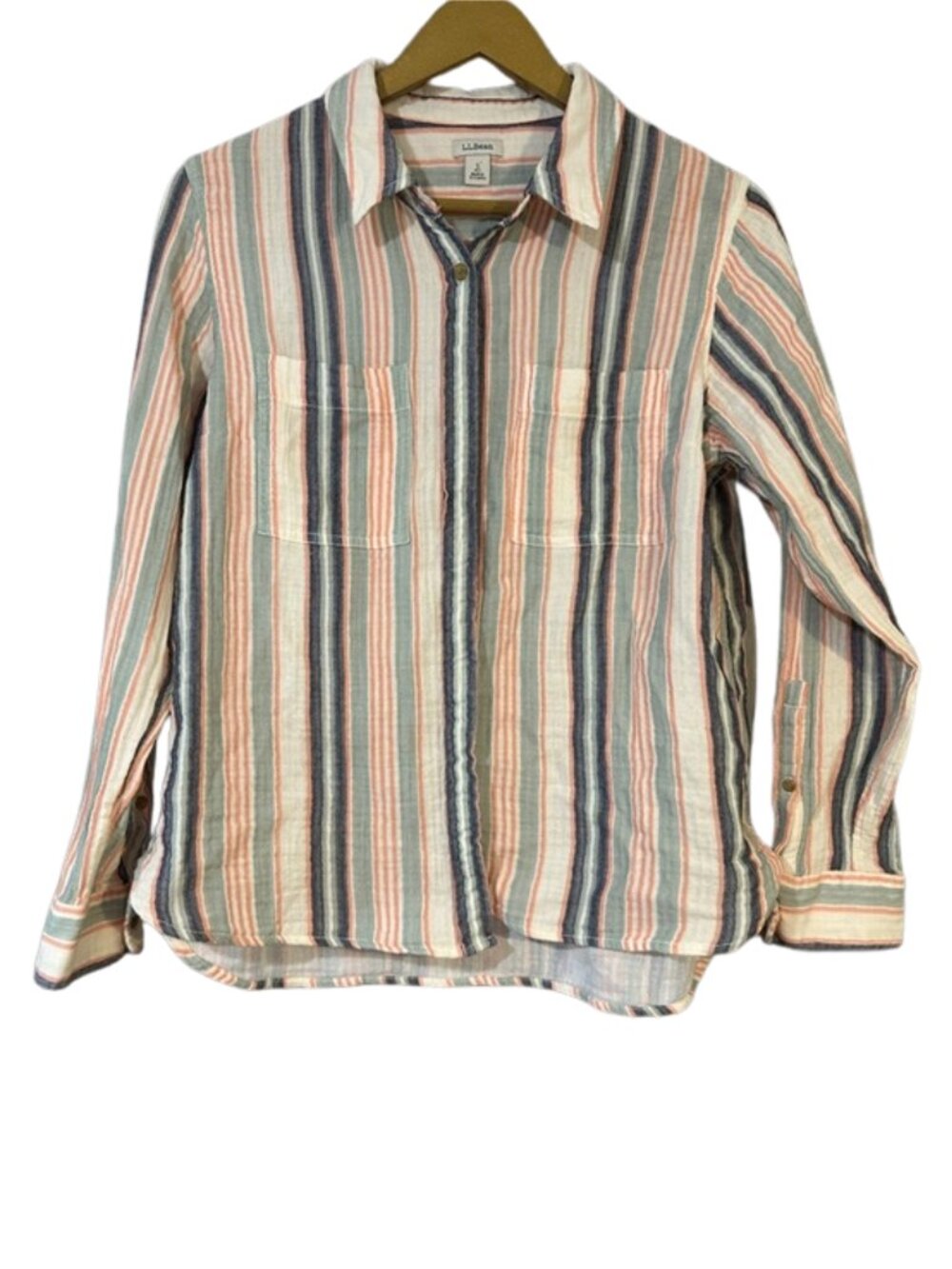 L.L.Bean Striped Button Down Shirt Pastel Coral Blue Cotton Top